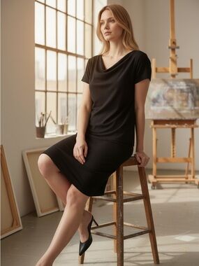 S.L. Fashions Black Draped Neck Short Sleeve Dress one piece looks like two 10p